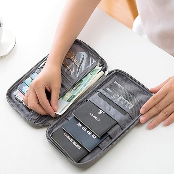 Multifunction Convenient and Practical Travel Wallet RFID Blocking Document Organizer Bag, Family Passport Holder, Grey