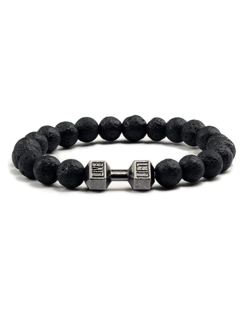 Natural Volcanic Stone Bracelet for Men & Women – Matte Black Lava and White Beads Dumbbell Charm Fitness Jewelry