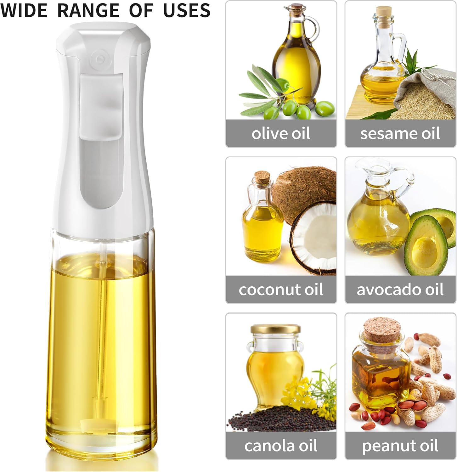 Oil Sprayer for Cooking – 200ml Olive Oil Sprayer Mister Bottle, PET Food-Grade Oil Dispenser for Air Fryer, Salad, Baking, BBQ & Frying, Eco-Friendly Kitchen Gadget with Precise Oil Control (White/Clear)