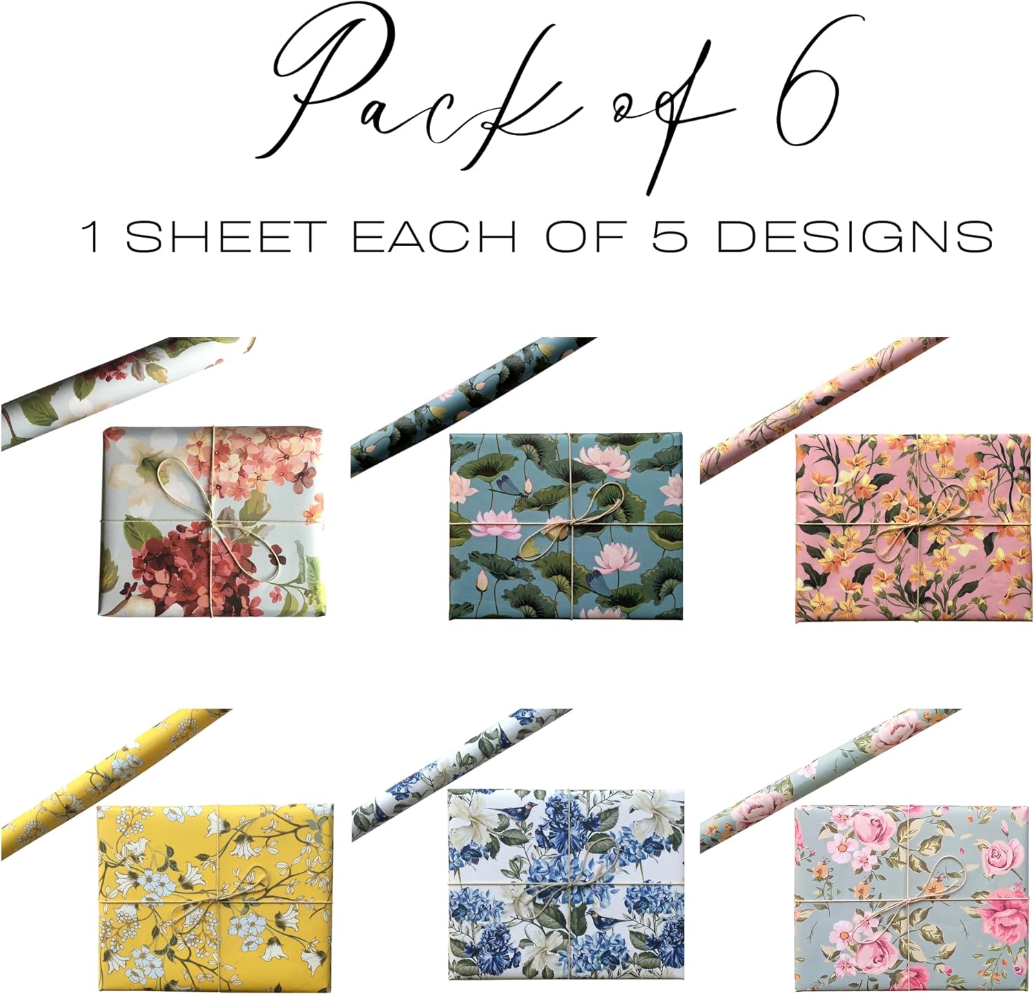Pack of 6 Gift Wrapping Paper Roll, 29 x 19 Inches, Birthday Wrap (Florals)