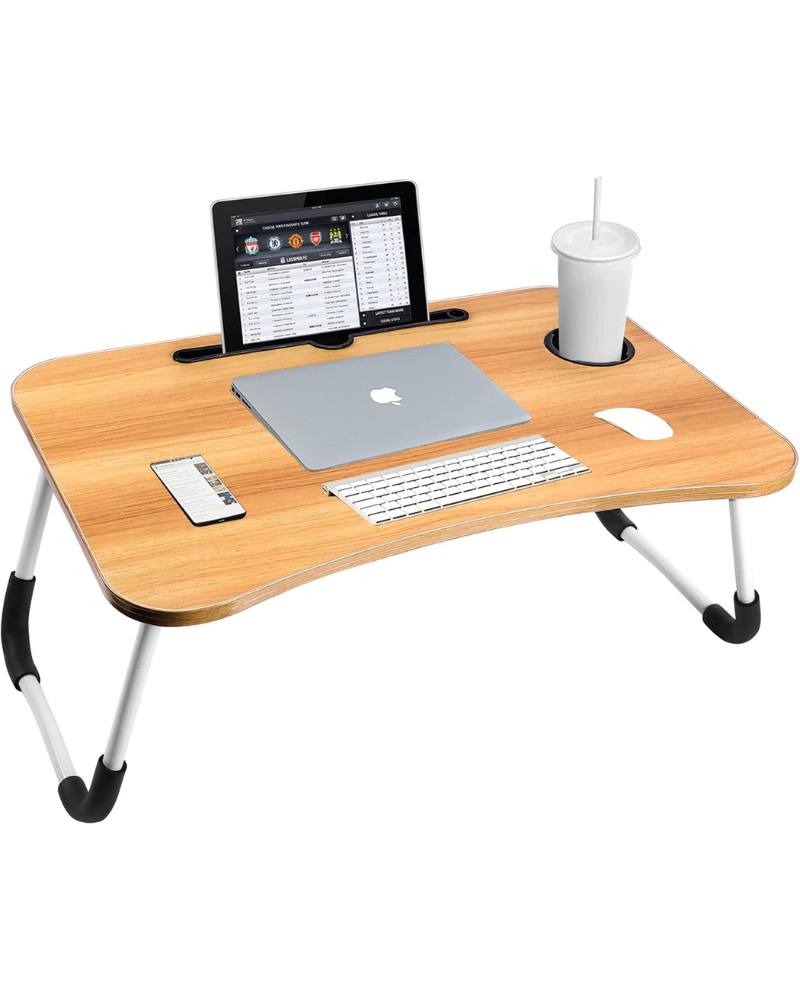 Portable Folding Bed Table for Laptop (Beige) – Adjustable Foldable Laptop Desk with iPad Slot & Cup Holder | Non-Slip Legs, Lightweight Study Table for Bed, Sofa, Floor & Camping (60×40×28cm)