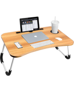 Portable Folding Bed Table for Laptop (Beige) – Adjustable Foldable Laptop Desk with iPad Slot & Cup Holder | Non-Slip Legs, Lightweight Study Table for Bed, Sofa, Floor & Camping (60×40×28cm)