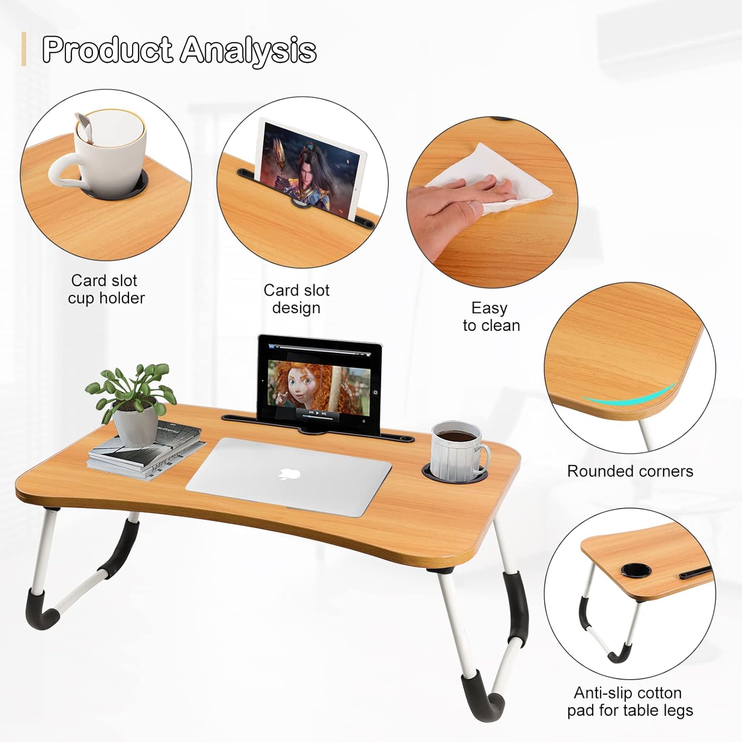 Portable Folding Bed Table for Laptop (Beige) – Adjustable Foldable Laptop Desk with iPad Slot & Cup Holder | Non-Slip Legs, Lightweight Study Table for Bed, Sofa, Floor & Camping (60×40×28cm)