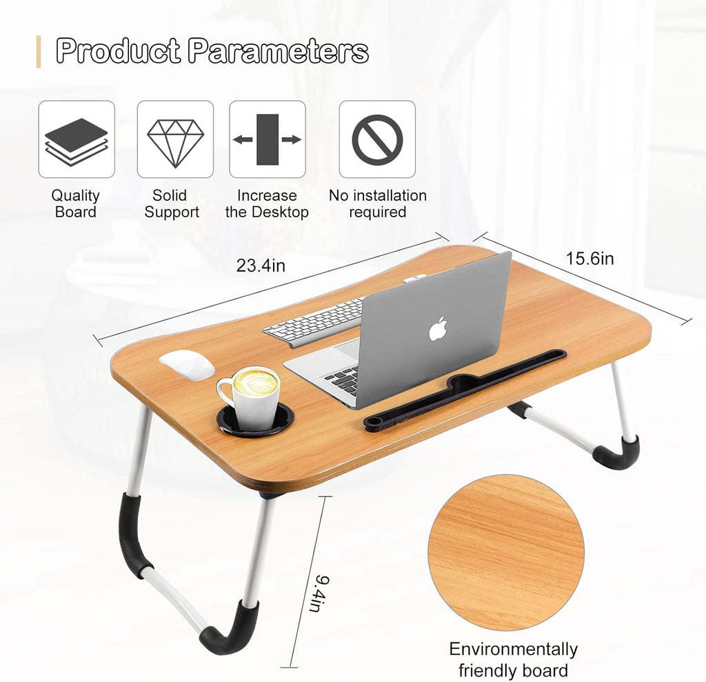 Portable Folding Bed Table for Laptop (Beige) – Adjustable Foldable Laptop Desk with iPad Slot & Cup Holder | Non-Slip Legs, Lightweight Study Table for Bed, Sofa, Floor & Camping (60×40×28cm)