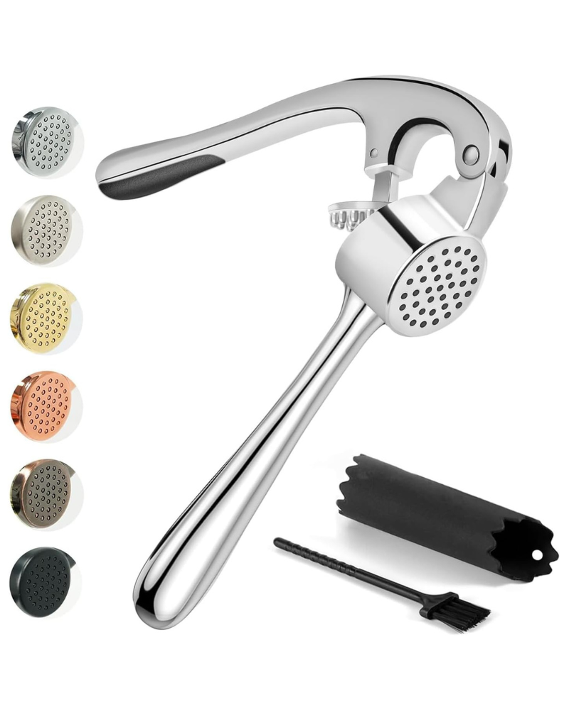 Premium Garlic Press and Mincer Set with Silicone Roller Peeler & Cleaning Brush, Easy to Squeeze, Rust Proof Zinc Alloy, Dishwasher Safe Professional Ginger Crusher for Kitchen