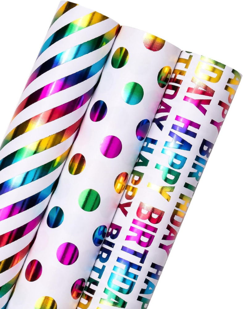 Rainbow Gift Wrapping Paper Rolls, 9 Meter Gift Wrapping Paper Roll, 3 Different Style Multicolor Sheets (43cm X 3m) Gift Wrap for Birthday, Holiday, Wedding