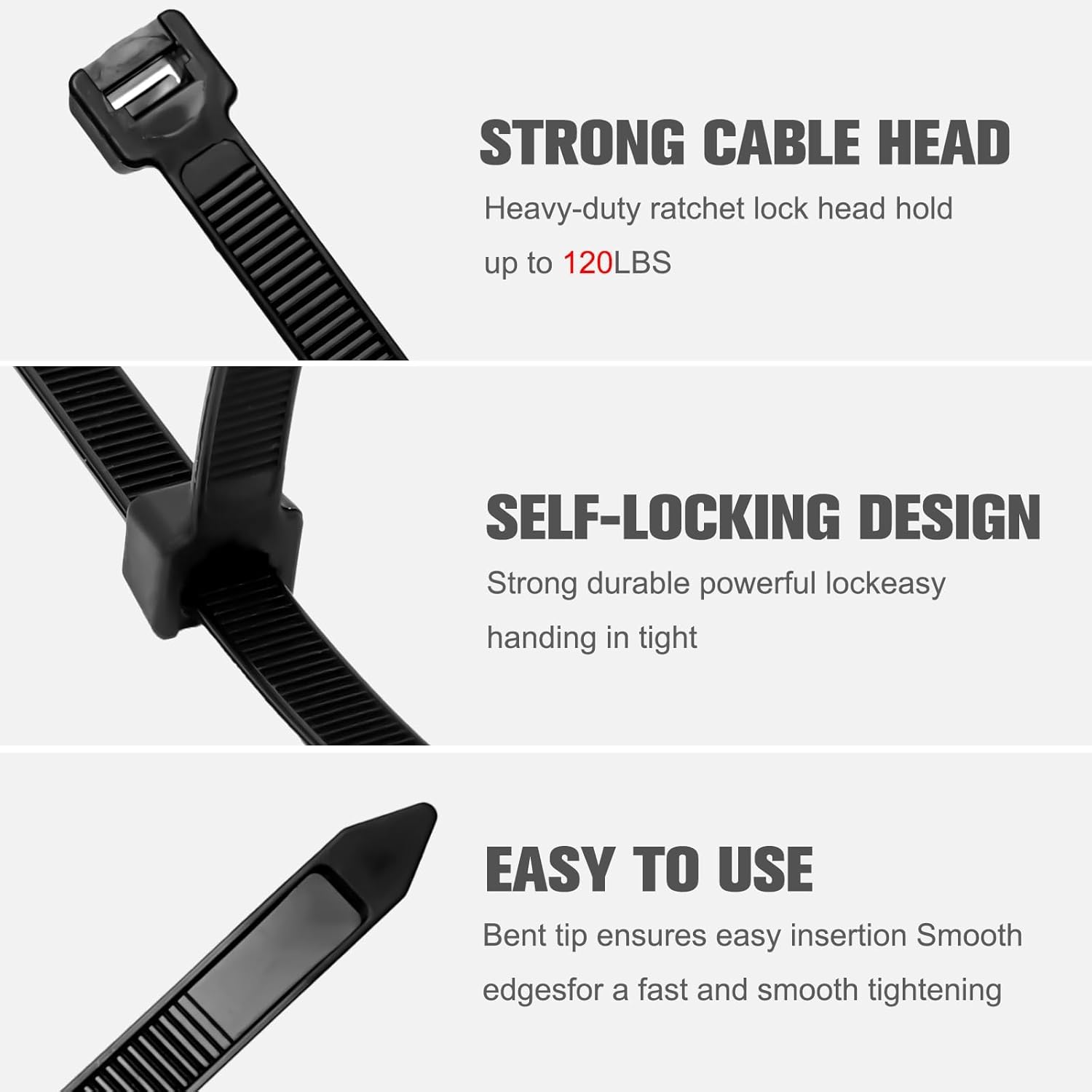 Self-Locking Cable Ties 300 x 4.8 mm (12 Inch) – 100 PCS Heavy Duty Nylon Zip Ties, Black | Heat & UV Resistant Wire Organizer | Strong Cable Management Straps for Indoor & Outdoor Use