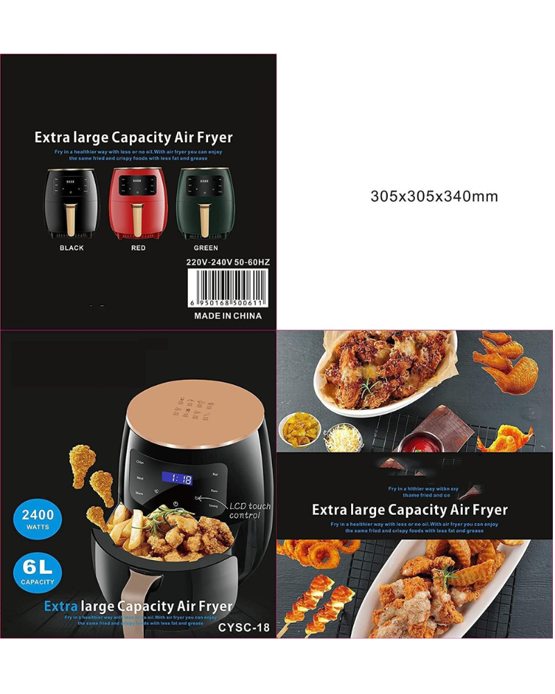 Silver Crest 6L Digital Touch Air Fryer 2400W | Large Capacity Oil-Free Smart Cooker for Healthy Frying, Baking & Grilling (Black)