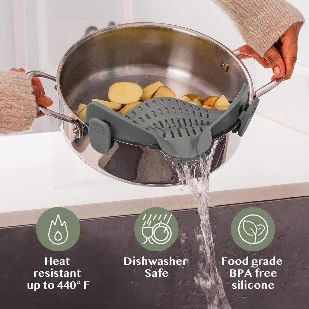 Snap N Strain Silicone Pot Strainer – Adjustable Clip-On Pasta Strainer for Pots, Pans & Bowls, Heat Resistant up to 400°F, Space-Saving Collapsible Design, Dishwasher Safe Kitchen Tool (Gray)