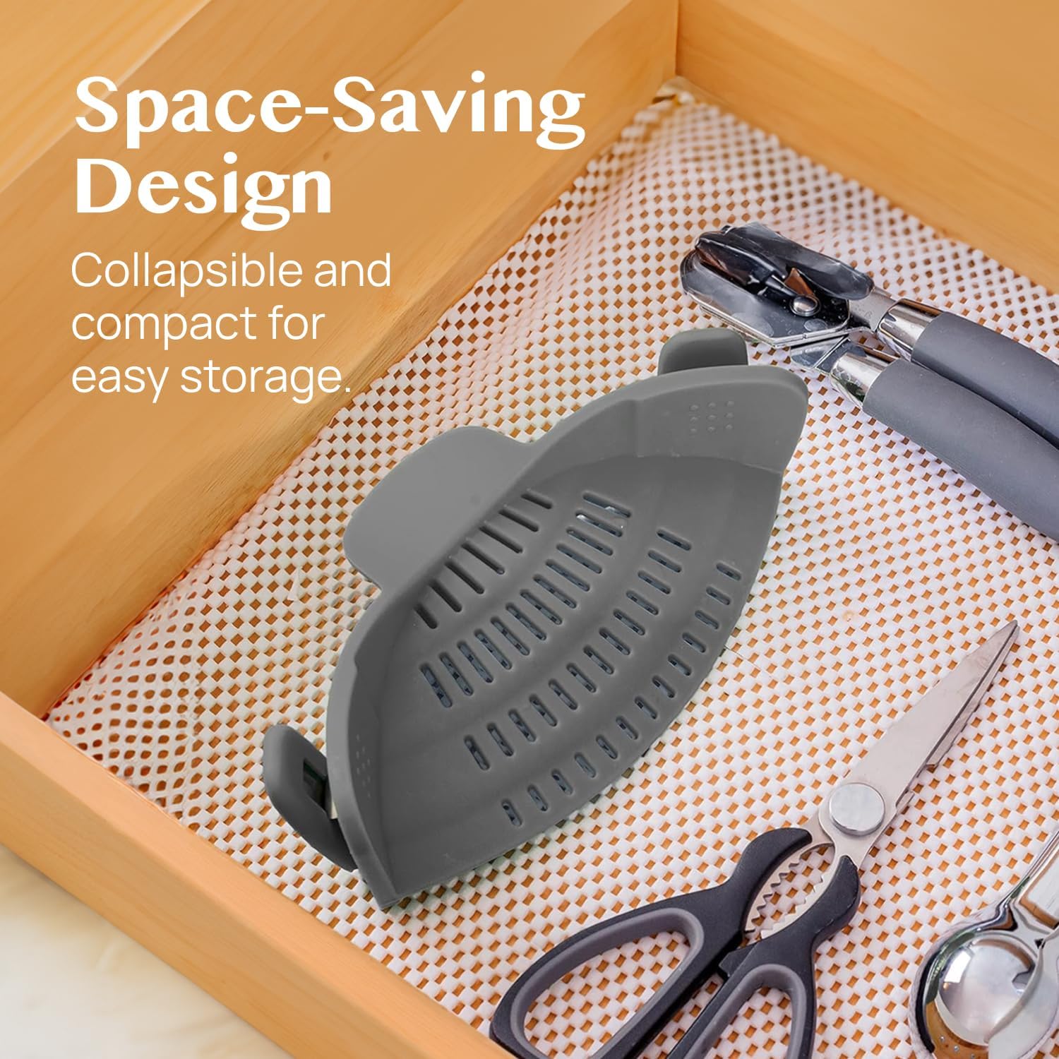 Snap N Strain Silicone Pot Strainer – Adjustable Clip-On Pasta Strainer for Pots, Pans & Bowls, Heat Resistant up to 400°F, Space-Saving Collapsible Design, Dishwasher Safe Kitchen Tool (Gray)