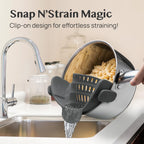Snap N Strain Silicone Pot Strainer – Adjustable Clip-On Pasta Strainer for Pots, Pans & Bowls, Heat Resistant up to 400°F, Space-Saving Collapsible Design, Dishwasher Safe Kitchen Tool (Gray)