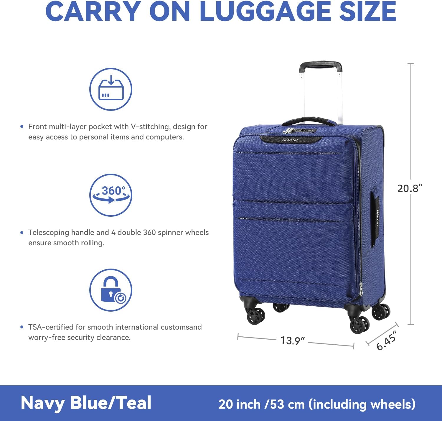 Softside Luggage Collection – Expandable Design with Smooth 360° Spinner Wheels 20"/24"/28" Sizes for Weekend Getaways to Extended Trips (Navy blue, 20inch)