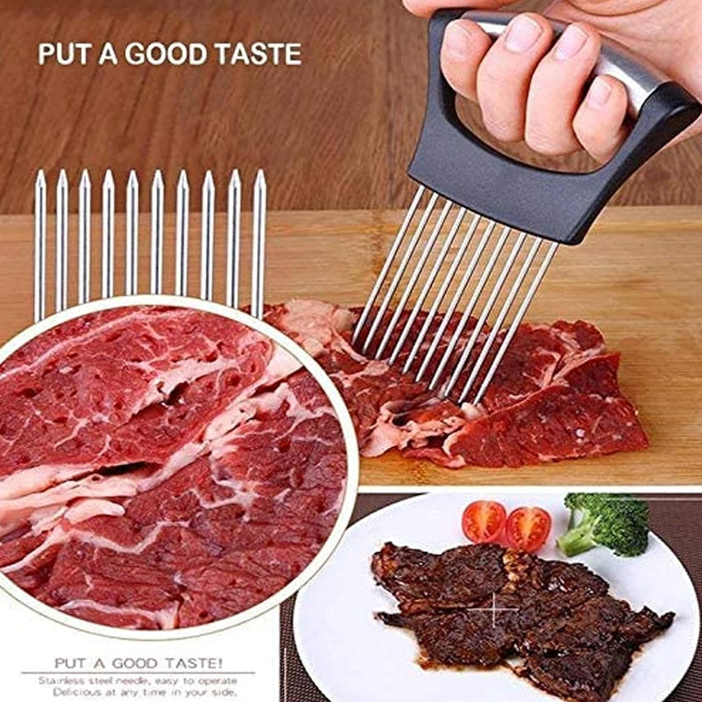 Stainless Steel Onion Holder & Slicer – Food Slice Assistant for Vegetables, Fruits, Meat & More