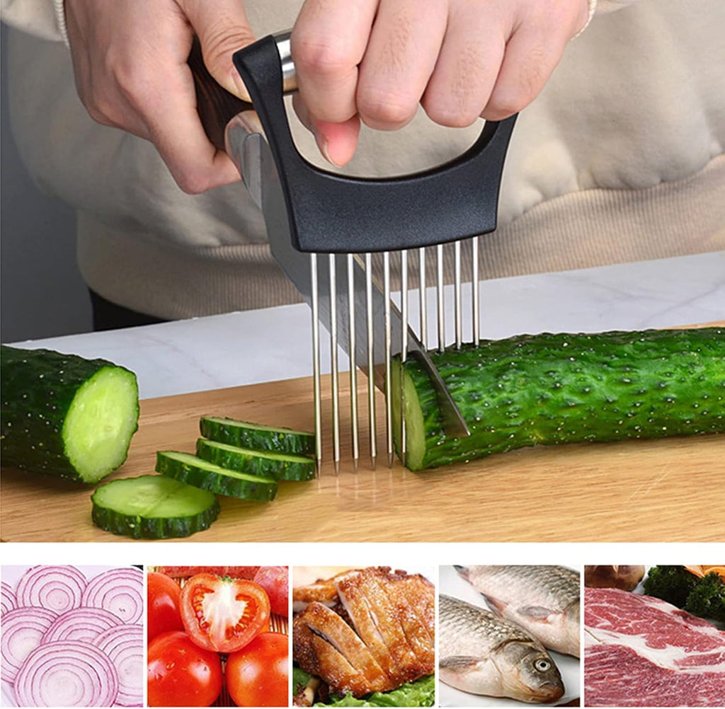 Stainless Steel Onion Holder & Slicer – Food Slice Assistant for Vegetables, Fruits, Meat & More