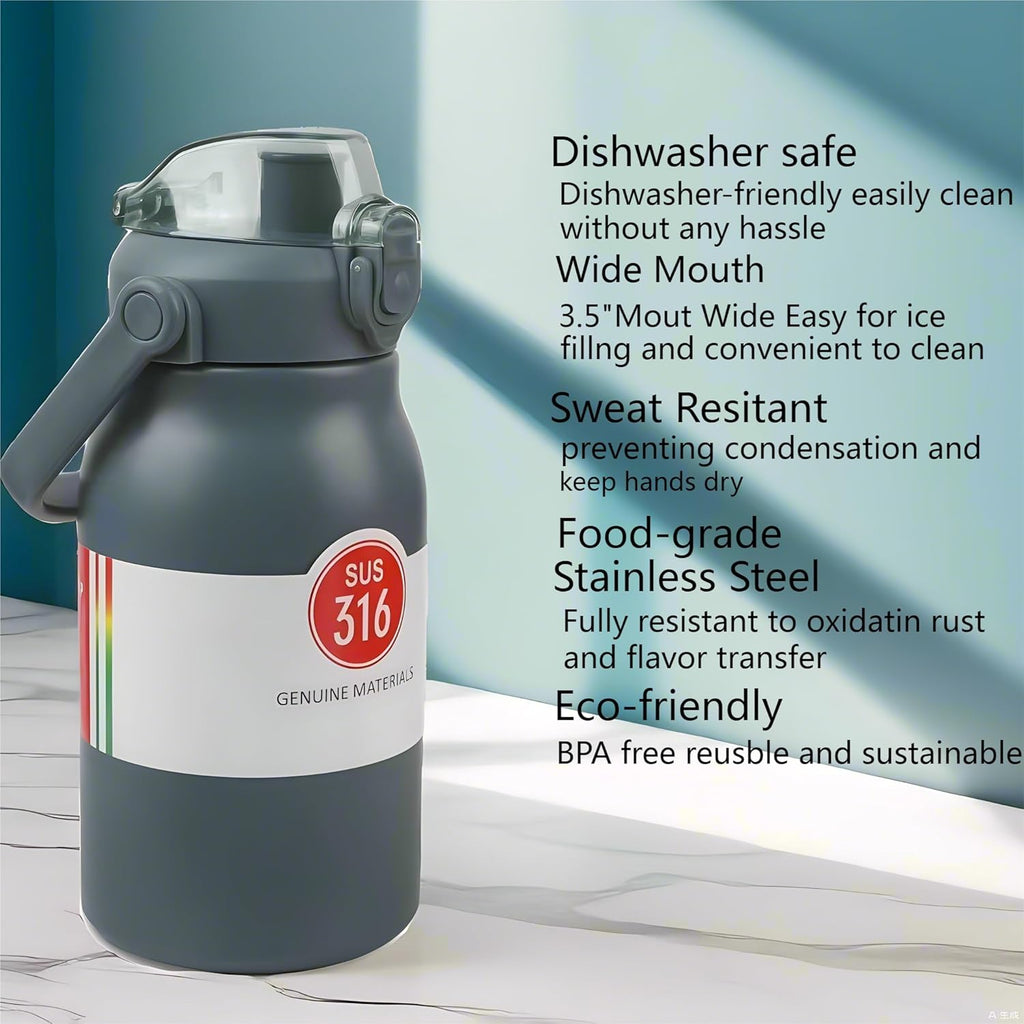 Stainless Steel Water Bottle with Straw – 32 oz Insulated Leakproof Bottle for Sports & Outdoors, Grey Blue