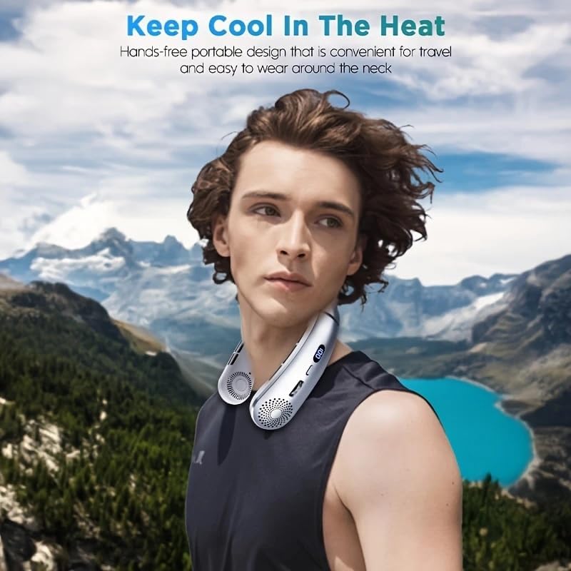 USB Rechargeable Bladeless Neck Fan – Adjustable Speeds, Hands-Free & Quiet – Silver