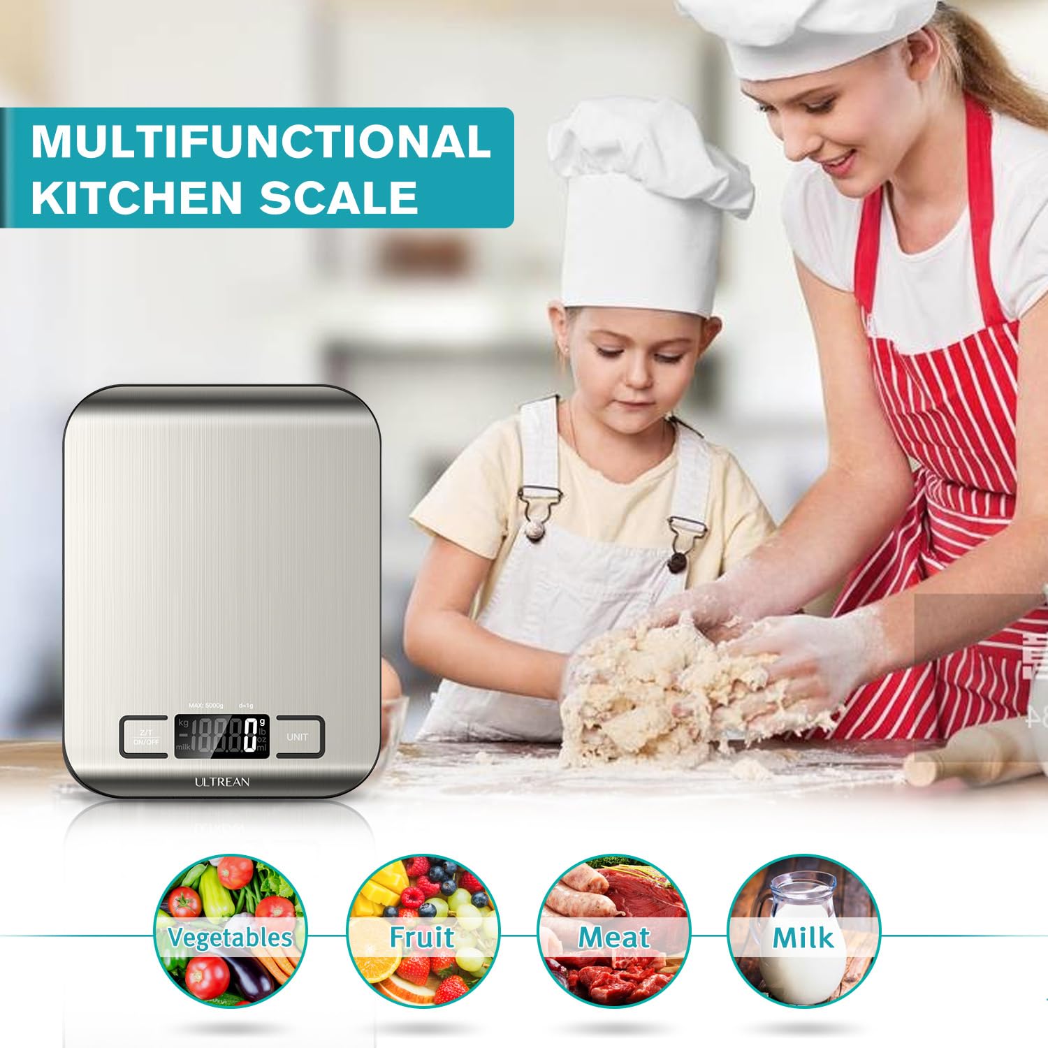 Ultrean Digital Food Scale – High Precision Kitchen Scale for Cooking and Baking, Stainless Steel Surface, Measures in Grams & Ounces, 5 Units with Tare Function, Backlit LCD Display, Auto Shut Off, Batteries Included (Silver)