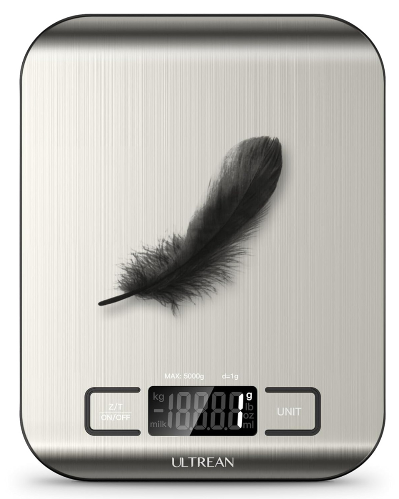 Ultrean Digital Food Scale – High Precision Kitchen Scale for Cooking and Baking, Stainless Steel Surface, Measures in Grams & Ounces, 5 Units with Tare Function, Backlit LCD Display, Auto Shut Off, Batteries Included (Silver)