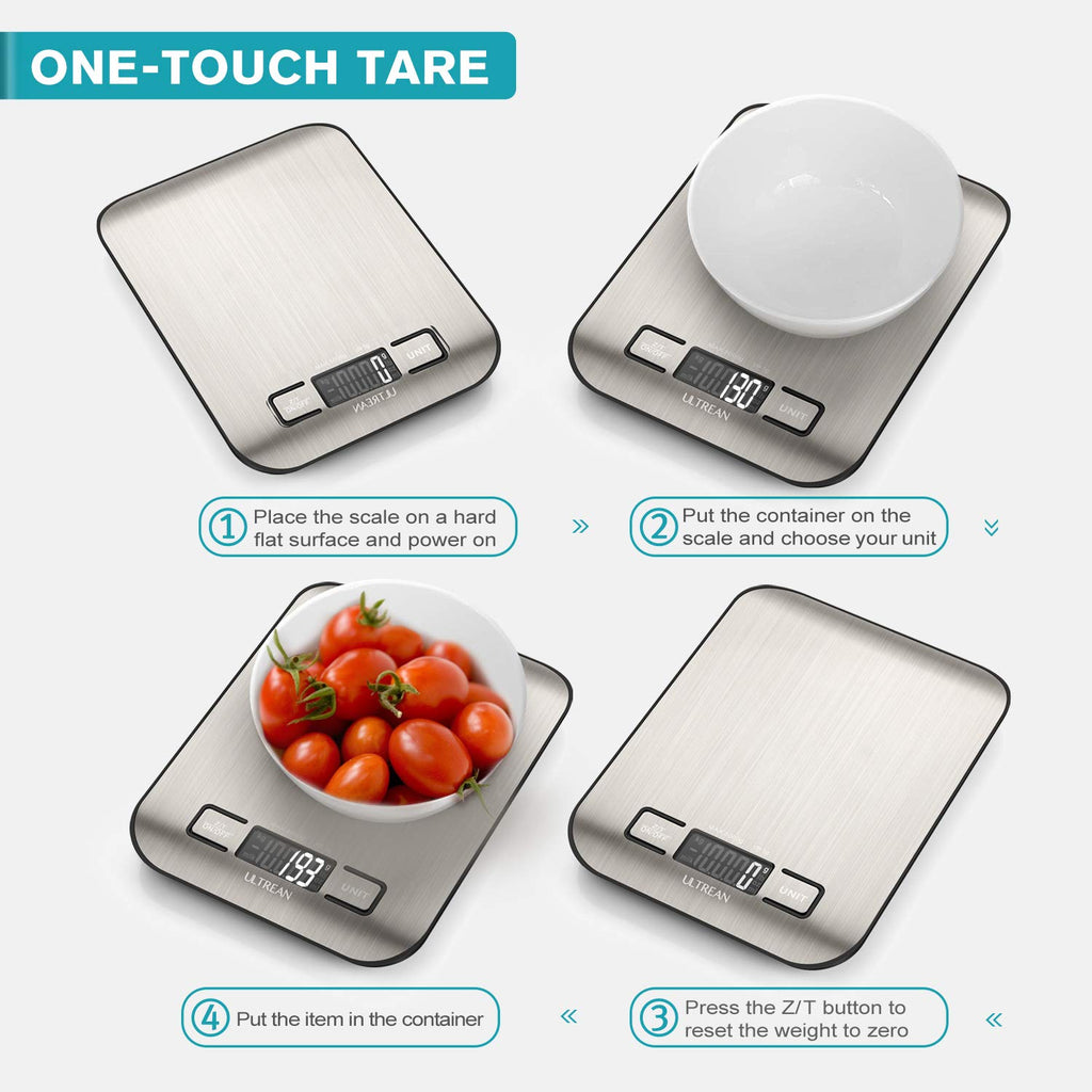Ultrean Digital Food Scale – High Precision Kitchen Scale for Cooking and Baking, Stainless Steel Surface, Measures in Grams & Ounces, 5 Units with Tare Function, Backlit LCD Display, Auto Shut Off, Batteries Included (Silver)