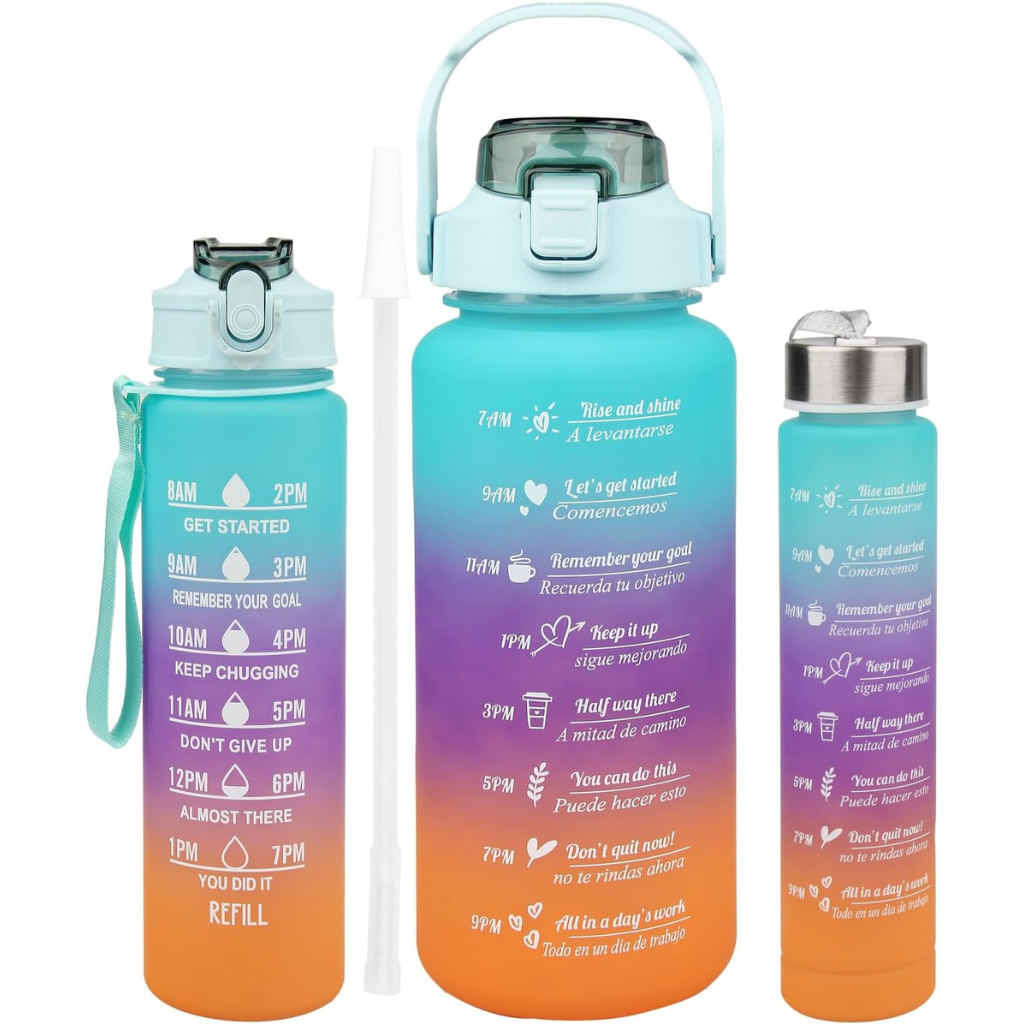 64oz & 26oz Water Bottles with Straw, 3-Pack BPA-Free Leakproof Set – Blue