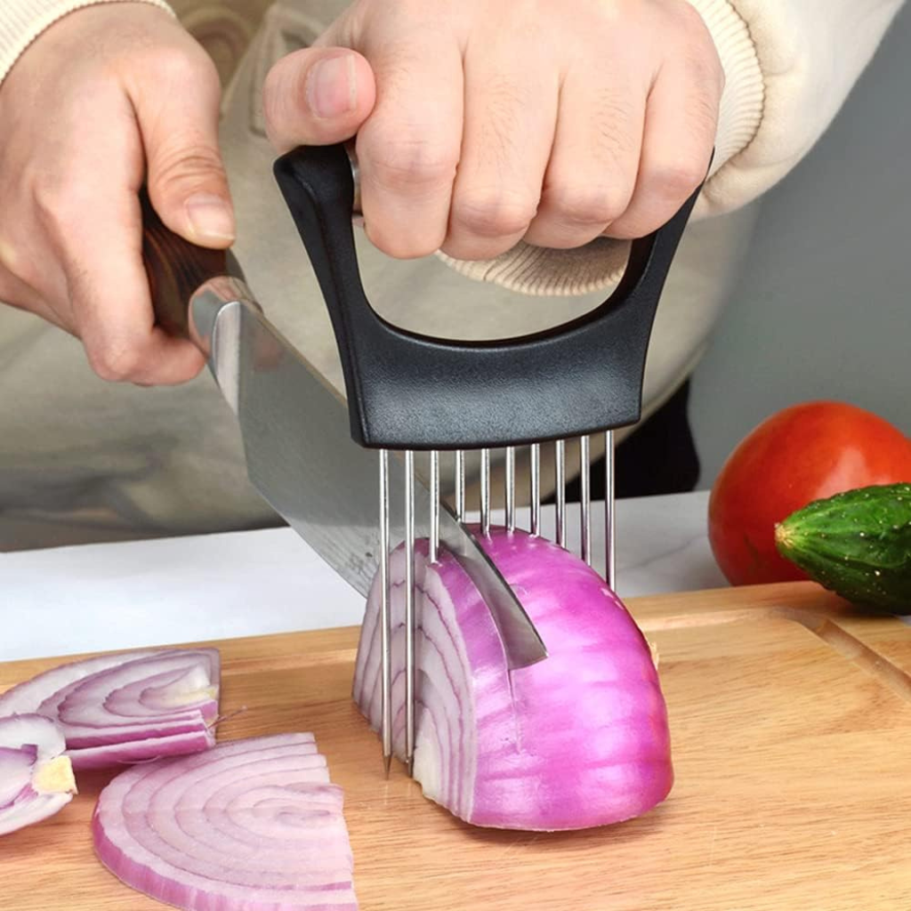 Stainless Steel Onion Holder & Slicer – Food Slice Assistant for Vegetables, Fruits, Meat & More