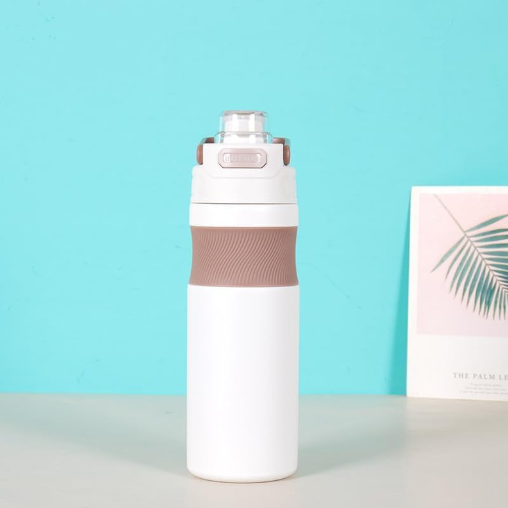 White water bottle with brown accents on a light blue background