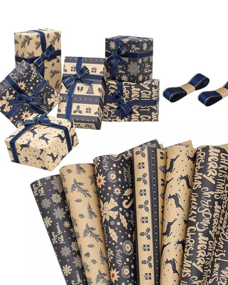 Christmas wrapping paper set, 6 pieces of party box gift wrapping paper with 2 ribbons, vintage DIY craft paper snowflakes reindeer stripes cedar branches Christmas element supplies blue