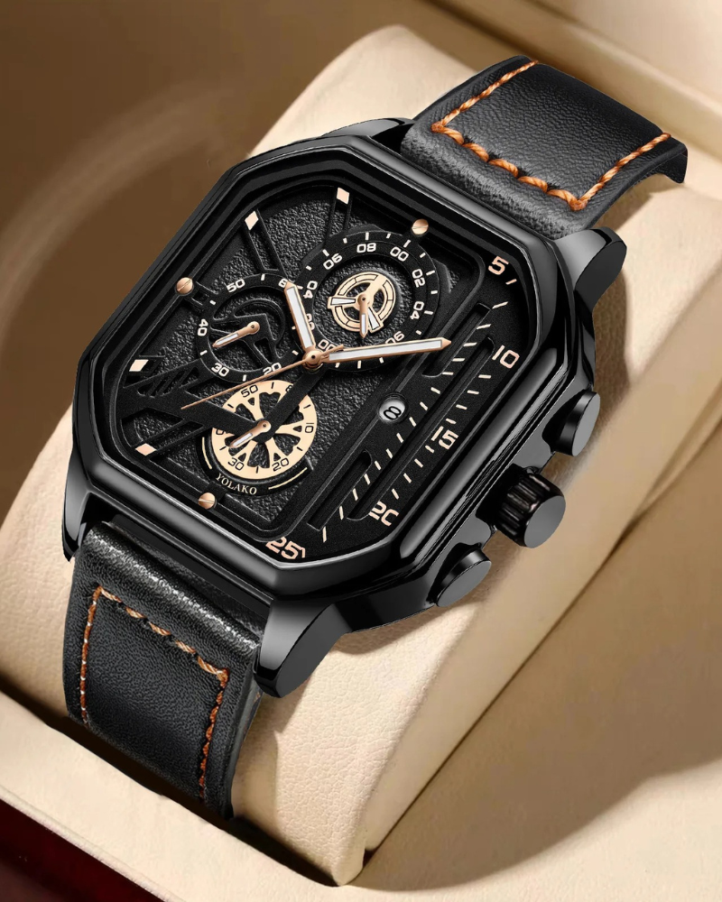 Men Quartz Watches Alloy Dial Business Men Watch PU Leather Strap Big Dial Square Sports Watch Cool Black Wristwatch for Man