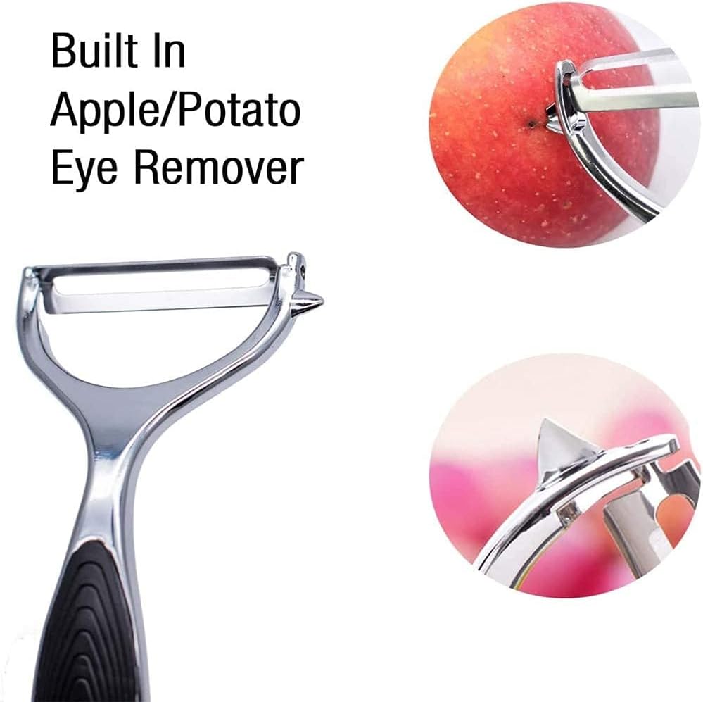 Vegetable Y Peeler Julienne Swivel Slicer with Potato Eye Remover – Stainless Steel Fruit & Vegetable Peeler, Non-Slip Handle, Sharp Blade for Easy Peeling of Potatoes, Apples, Carrots & Cucumbers – Kitchen Gadgets (Flattened)