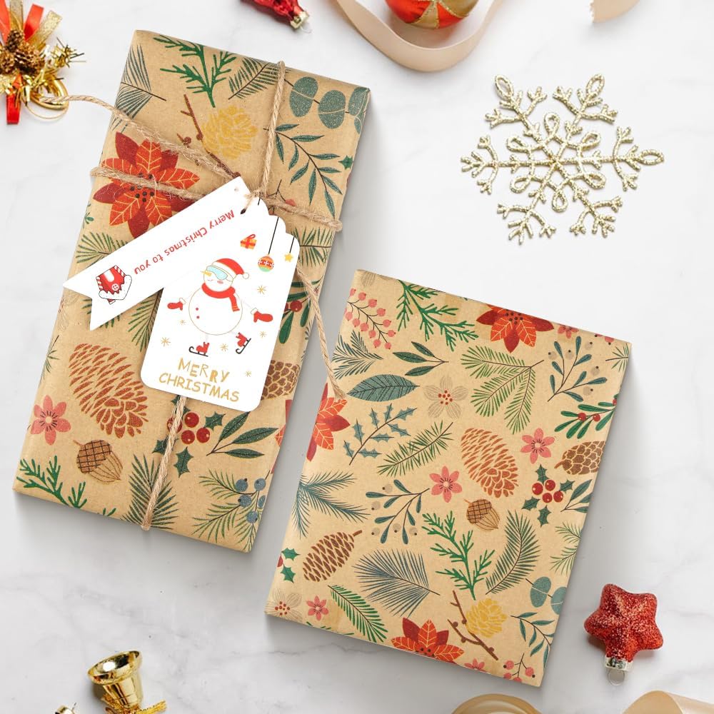 Vintage Botanical Kraft Wrapping Paper Roll – 43cm x 1000cm – Brown Gift Wrap for Christmas, Birthday & DIY Crafts – Paper Roll for Gift Packaging