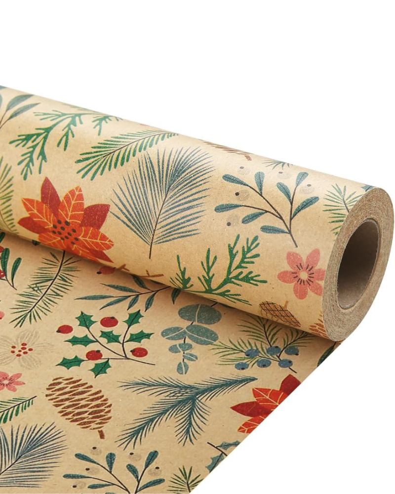 Vintage Botanical Kraft Wrapping Paper Roll – 43cm x 1000cm – Brown Gift Wrap for Christmas, Birthday & DIY Crafts – Paper Roll for Gift Packaging