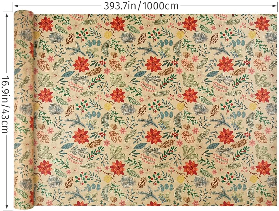 Vintage Botanical Kraft Wrapping Paper Roll – 43cm x 1000cm – Brown Gift Wrap for Christmas, Birthday & DIY Crafts – Paper Roll for Gift Packaging