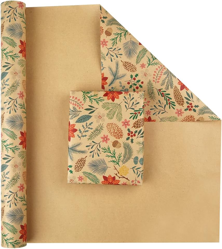 Vintage Botanical Kraft Wrapping Paper Roll – 43cm x 1000cm – Brown Gift Wrap for Christmas, Birthday & DIY Crafts – Paper Roll for Gift Packaging