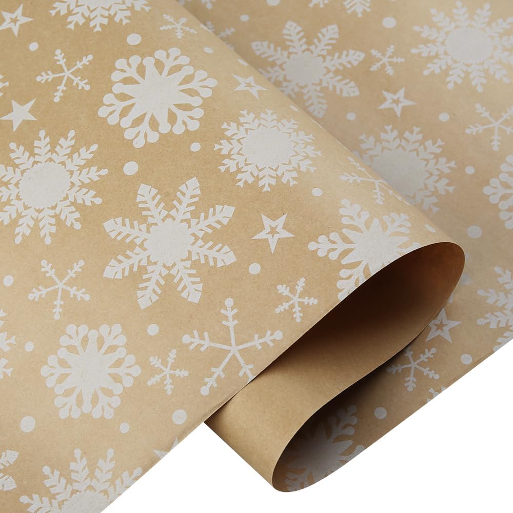 Vintage Snowflake Kraft Wrapping Paper Roll – 43cm x 15m – Rustic Brown Gift Wrap for Christmas, Holidays, DIY Crafts & Decorations