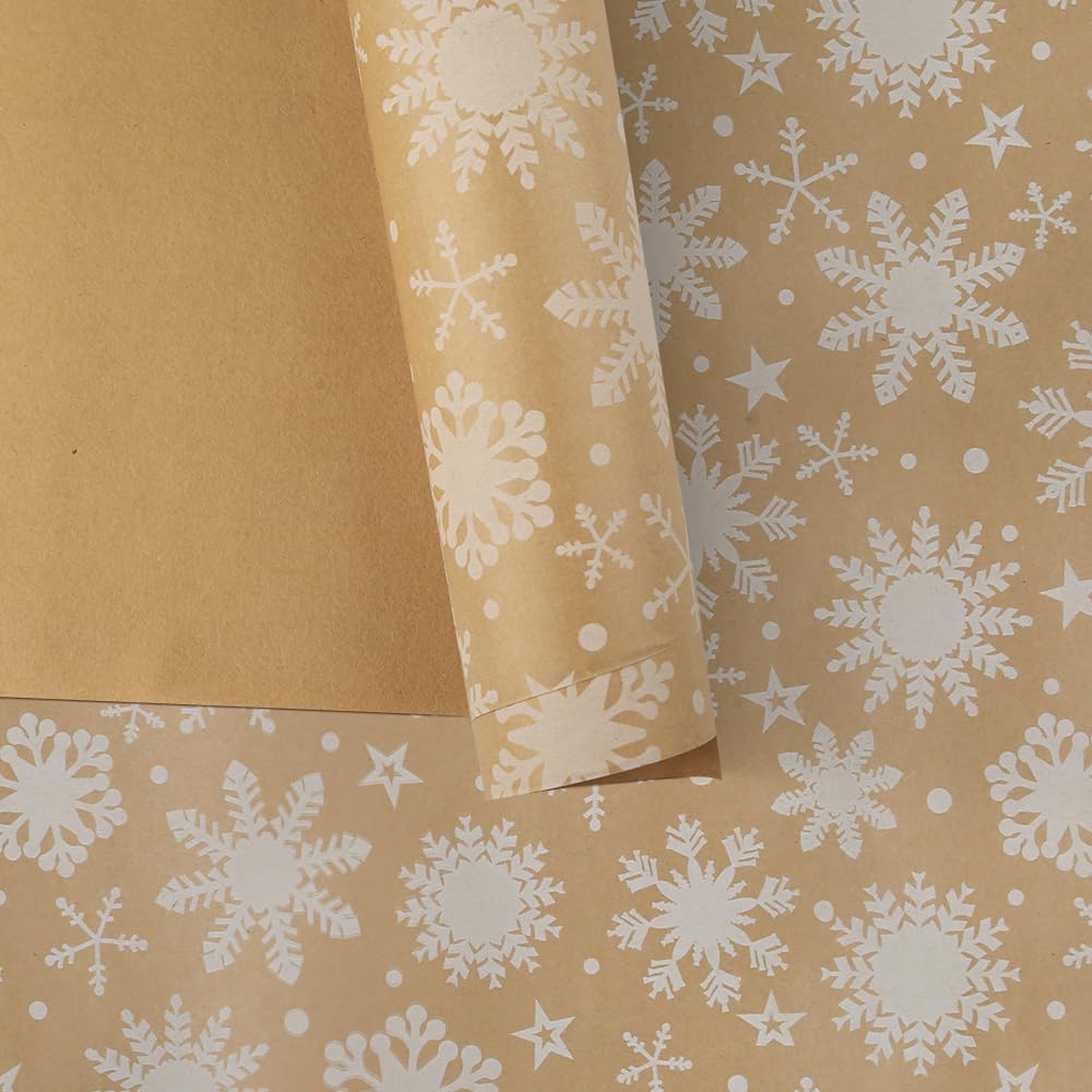 Vintage Snowflake Kraft Wrapping Paper Roll – 43cm x 15m – Rustic Brown Gift Wrap for Christmas, Holidays, DIY Crafts & Decorations