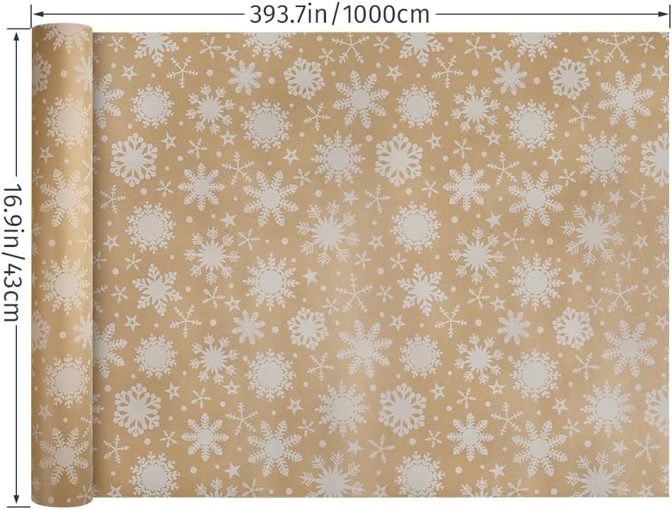 Vintage Snowflake Kraft Wrapping Paper Roll – 43cm x 15m – Rustic Brown Gift Wrap for Christmas, Holidays, DIY Crafts & Decorations