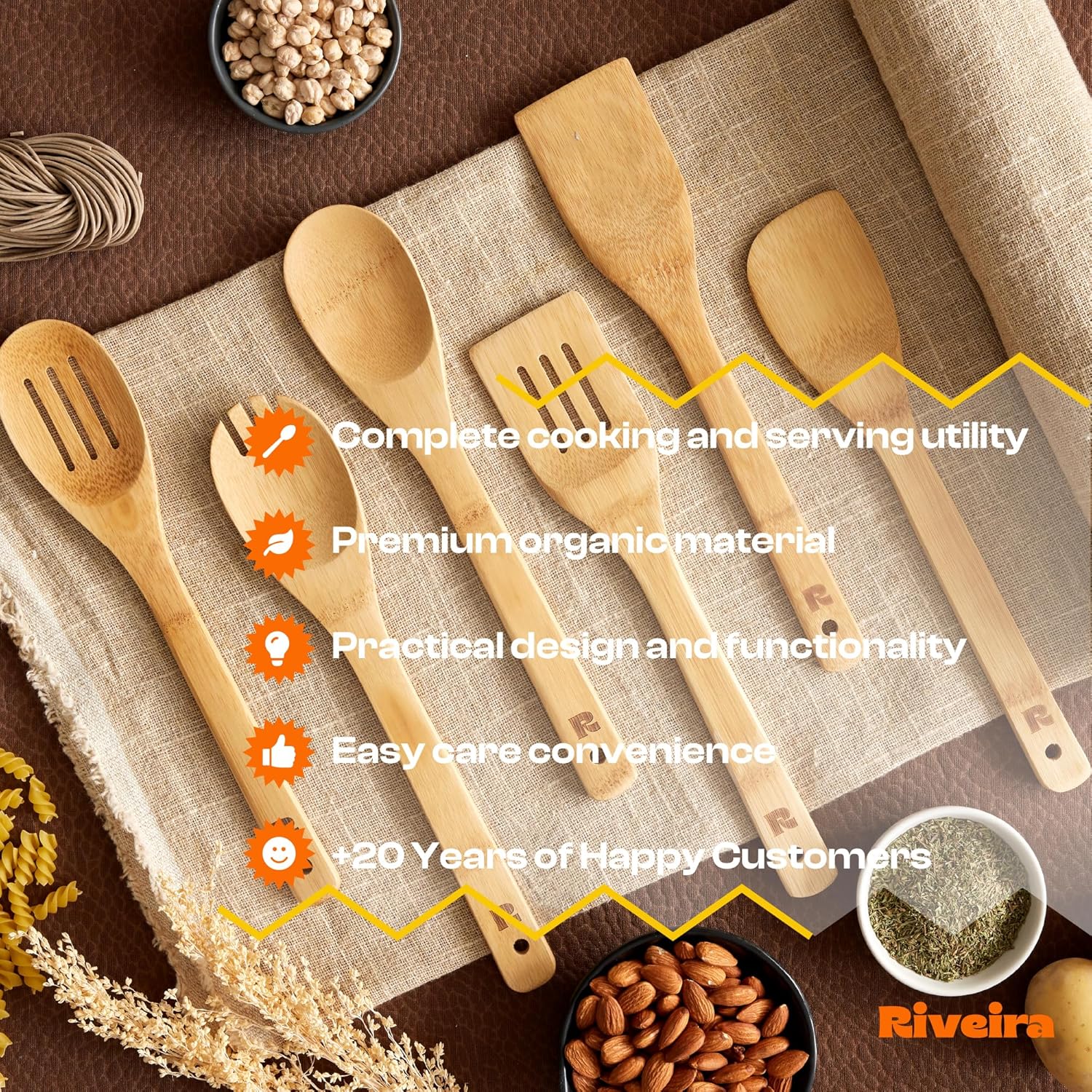 Bamboo Wooden Spoons for Cooking – 6-Piece Kitchen Utensil Set, Nonstick Organic Bamboo Spatula & Spoon Set for Everyday Use, Natural Wooden Cooking Tools, Eco-Friendly Housewarming Gift (Wood, 30.5cm)