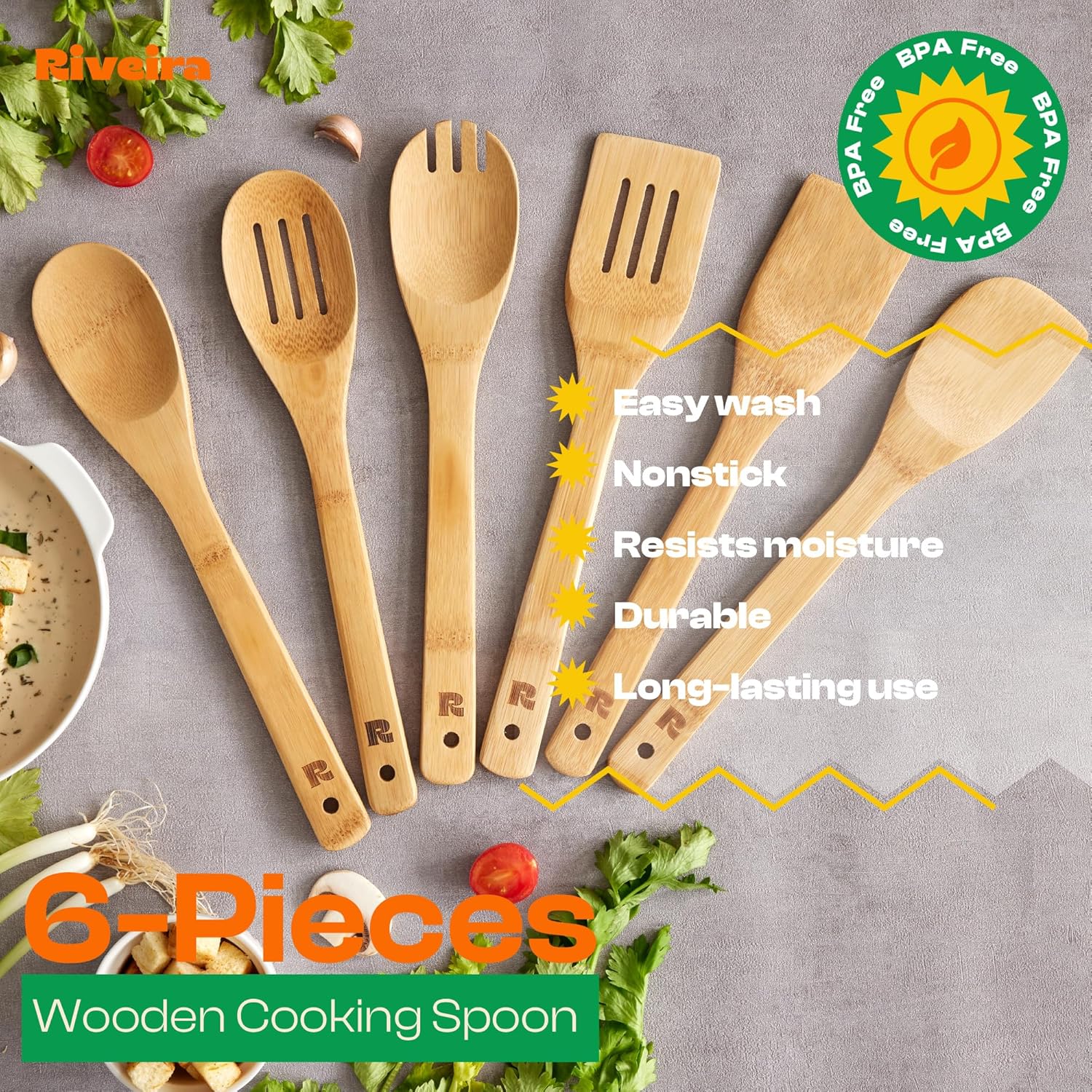 Bamboo Wooden Spoons for Cooking – 6-Piece Kitchen Utensil Set, Nonstick Organic Bamboo Spatula & Spoon Set for Everyday Use, Natural Wooden Cooking Tools, Eco-Friendly Housewarming Gift (Wood, 30.5cm)