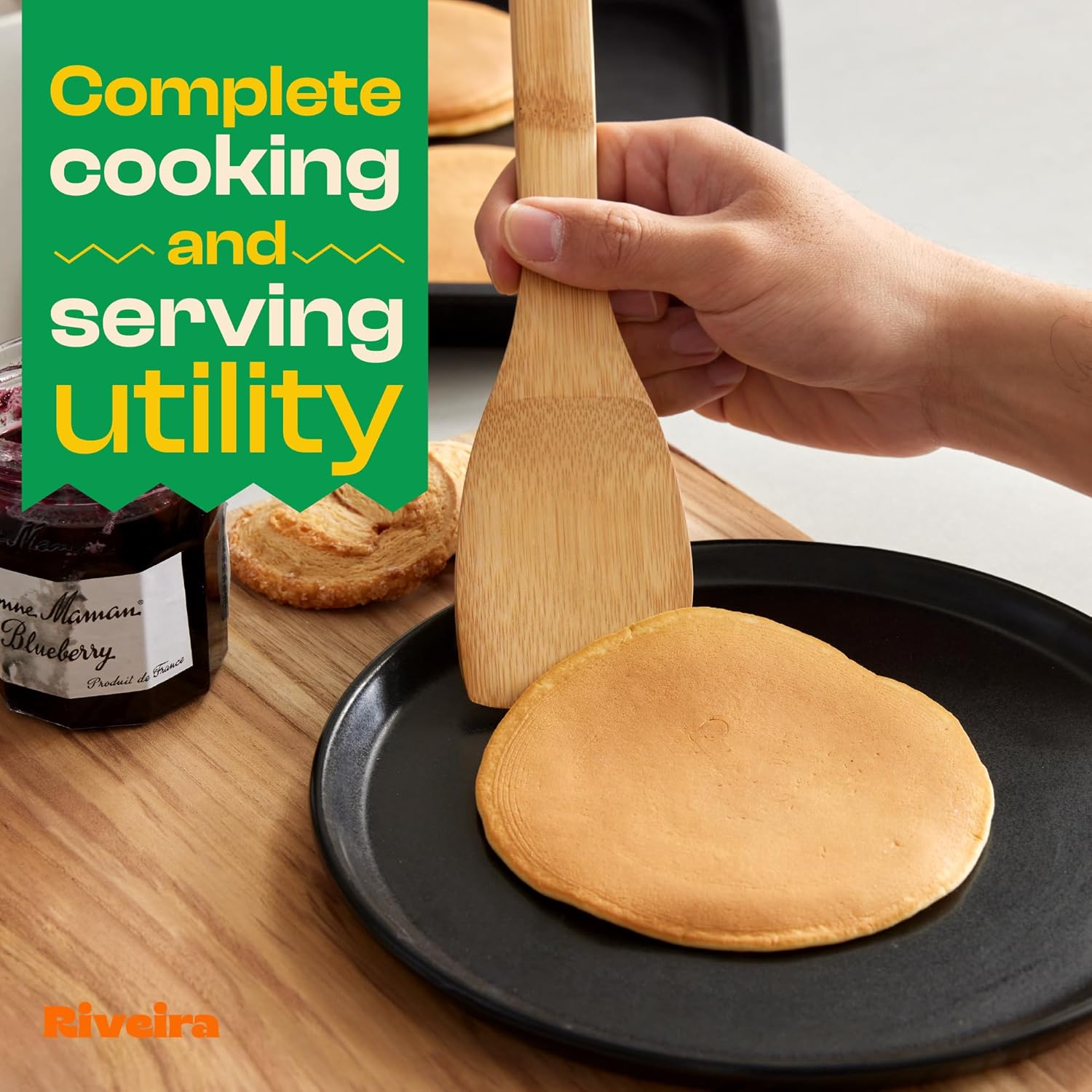 Bamboo Wooden Spoons for Cooking – 6-Piece Kitchen Utensil Set, Nonstick Organic Bamboo Spatula & Spoon Set for Everyday Use, Natural Wooden Cooking Tools, Eco-Friendly Housewarming Gift (Wood, 30.5cm)