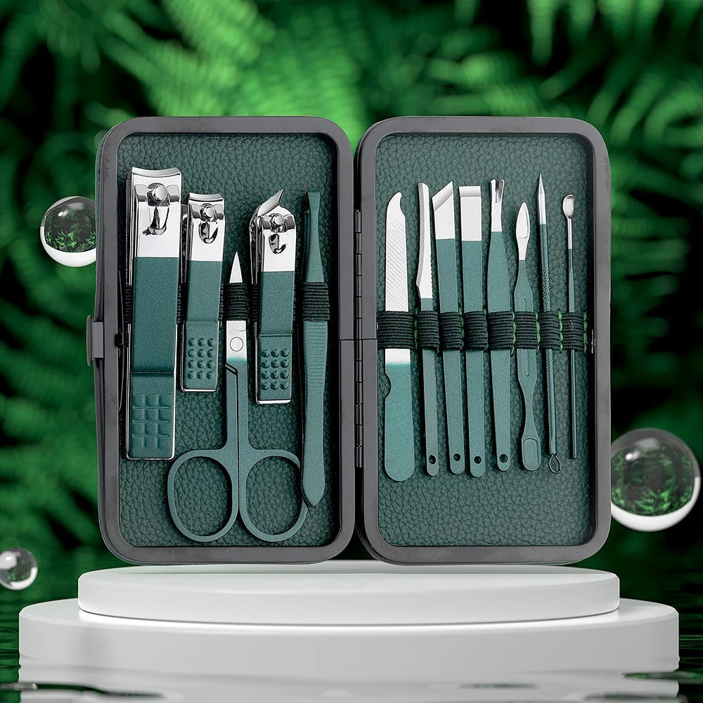 Green Stainless Steel Manicure & Pedicure Set – 7/13/24 Pcs Nail Cutter, Scissors & Grooming Tools Kit with Portable Case