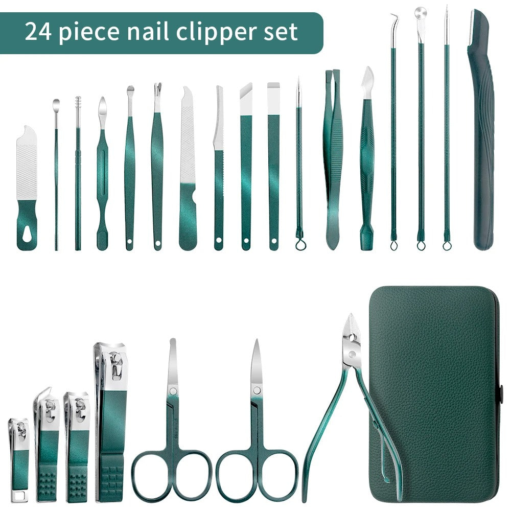 Green Stainless Steel Manicure & Pedicure Set – 7/13/24 Pcs Nail Cutter, Scissors & Grooming Tools Kit with Portable Case