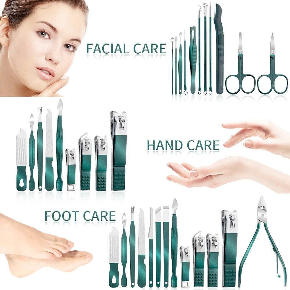 Green Stainless Steel Manicure & Pedicure Set – 7/13/24 Pcs Nail Cutter, Scissors & Grooming Tools Kit with Portable Case