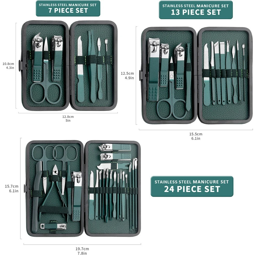 Green Stainless Steel Manicure & Pedicure Set – 7/13/24 Pcs Nail Cutter, Scissors & Grooming Tools Kit with Portable Case
