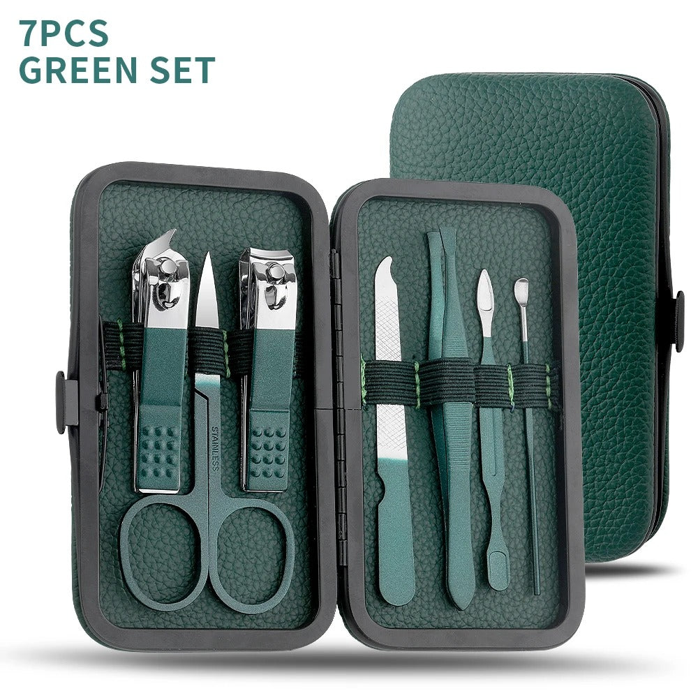 Green Stainless Steel Manicure & Pedicure Set – 7/13/24 Pcs Nail Cutter, Scissors & Grooming Tools Kit with Portable Case
