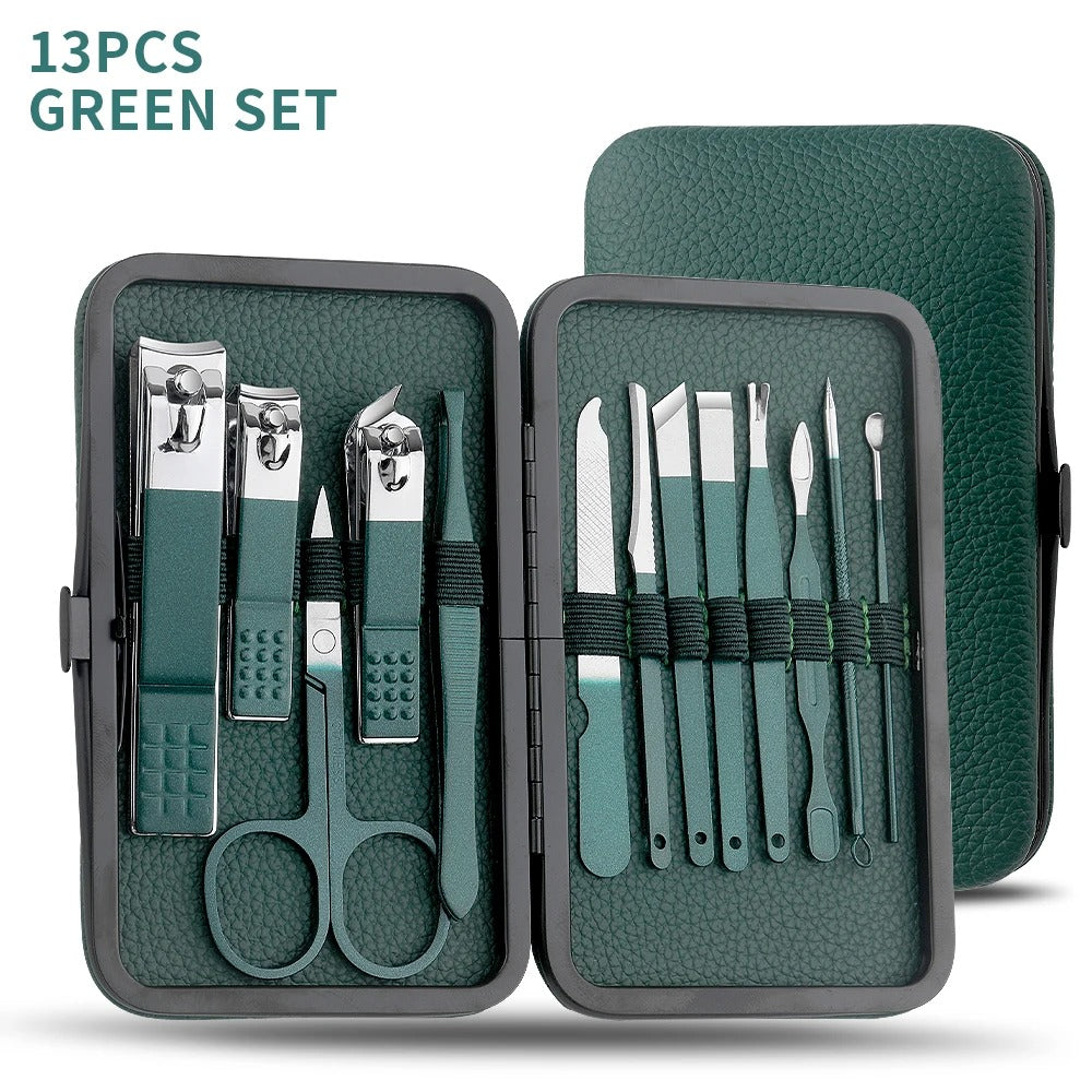 Green Stainless Steel Manicure & Pedicure Set – 7/13/24 Pcs Nail Cutter, Scissors & Grooming Tools Kit with Portable Case