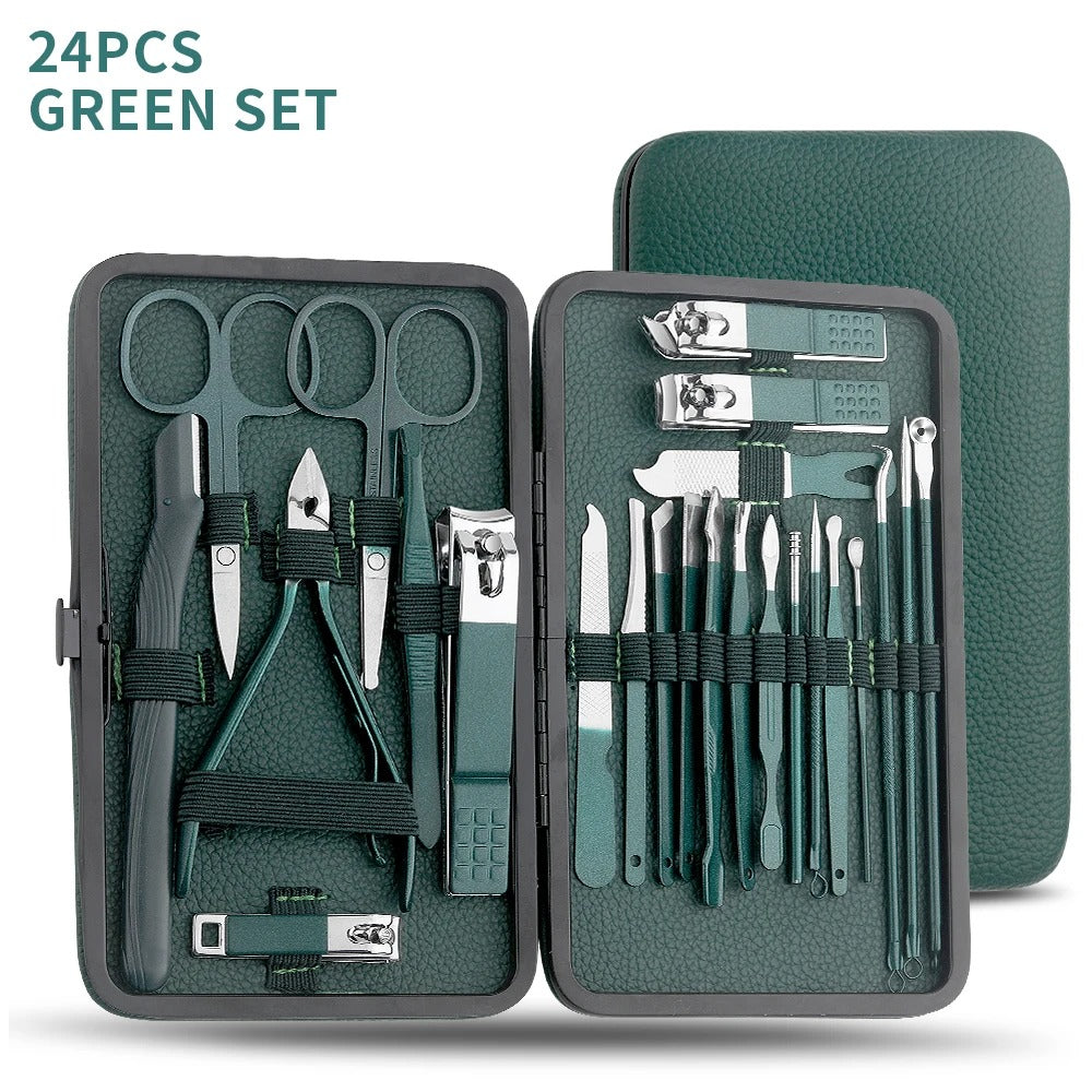 Green Stainless Steel Manicure & Pedicure Set – 7/13/24 Pcs Nail Cutter, Scissors & Grooming Tools Kit with Portable Case